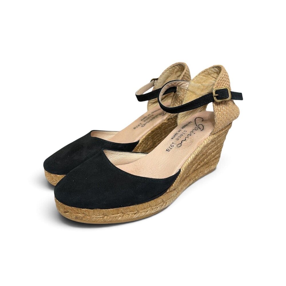 Gaimo Black Suede Espadrille Wedge Sandals Gold Ankle Strap Made in Spain 37